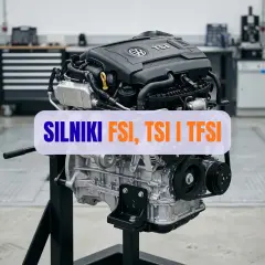 Silnik TFSI, serce nowoczesnej motoryzacji, prezentowany na stojaku w warsztacie.