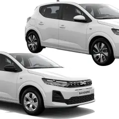 Dwie białe, nowa Dacia Sandero, prezentują nowoczesny design z charakterystycznym grillem i światłami LED.