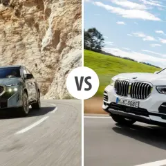 Szary BMW XM na skalistej drodze kontra biały BMW X5 na zielonym wzgórzu.