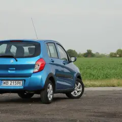 Niebieski Suzuki Celerio zaparkowany na drodze polnej, z polem kukurydzy w tle.
