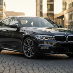 Czarny BMW M5 G30 lśni w słońcu na tle nowoczesnych budynków.
