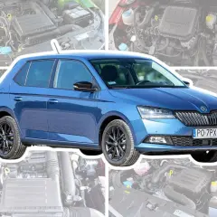 Niebieska Skoda Fabia na tle silników. Sprawdź aktualne skoda fabia - ceny używanych.
