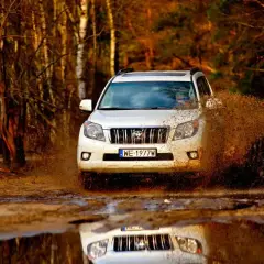 Biały Land Cruiser 100 szaleje po błotnistej drodze w lesie, wzbijając fontanny brudu.