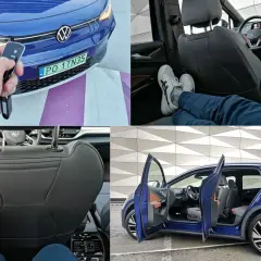 Kluczyk do **Volkswagen ID.4** w dłoni, wnętrze z wygodnymi fotelami i widok na tył samochodu z otwartymi drzwiami.