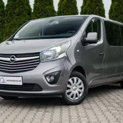 Szary Opel Vivaro, jeden z popularnych modeli Opla, zaparkowany przed żywopłotem.
