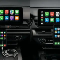 Jak połączyć telefon z samochodem? Widok deski rozdzielczej z ekranem Apple CarPlay i podłączonym iPhonem.