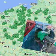 Mapa Polski i okolic z zaznaczonymi stacjami paliw. Gdzie zatankuje CNG? Widoczna jest ikona dystrybutora paliwa.