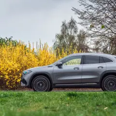 Szary Mercedes EQA na tle kwitnącej forsycji i drzew.