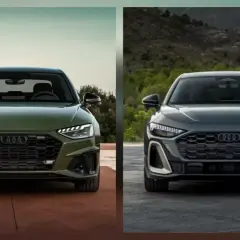 Dwa najnowsze Audi, zielone i ciemnoszare, prezentują swoje agresywne grille i nowoczesne reflektory.