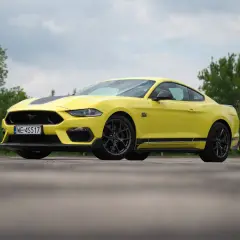 Żółty Ford Mustang Mach 1 z czarnymi pasami na masce i bokach, zaparkowany na tle zieleni.