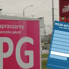 Na plakacie informacja o cenie LPG. Wykres pokazuje, ile waży lpg w porównaniu do innych krajów.