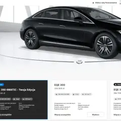 Czarny Mercedes EQE 350 4MATIC, elektryczny sedan z napędem na wszystkie koła, prezentowany w konfiguratorze.