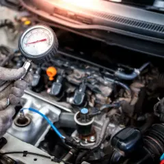 Mechanik sprawdza ciśnienie w cylindrach silnika benzynowego za pomocą manometru.