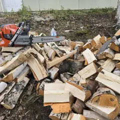 Piła łańcuchowa Husqvarna i siekiera leżą na stercie drewna. Do pracy przyda się olej Motul 800 2T do piły.