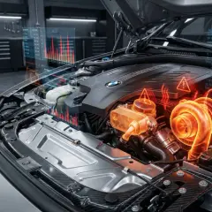 Silnik BMW E50 z wizualizacją danych i ostrzeżeniami.