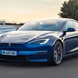 Niebieski Tesla Model S na torze wyścigowym. Sprawdź aktualną tesla model s cena i możliwości tego elektrycznego cudu techniki.