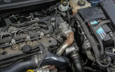 Silnik 1.7 CDTI z widocznymi przewodami paliwowymi, turbosprężarką i akumulatorem.