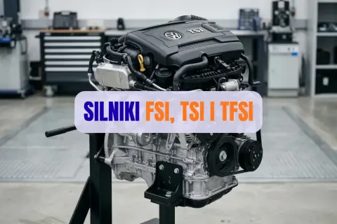Silnik TFSI, serce nowoczesnej motoryzacji, prezentowany na stojaku w warsztacie.