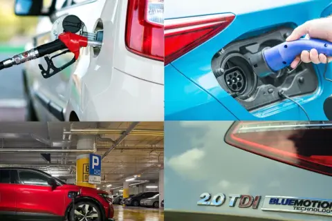 Tankowanie auta, ładowanie elektryka, stacja ładowania i znaczek 2.0 TDI.