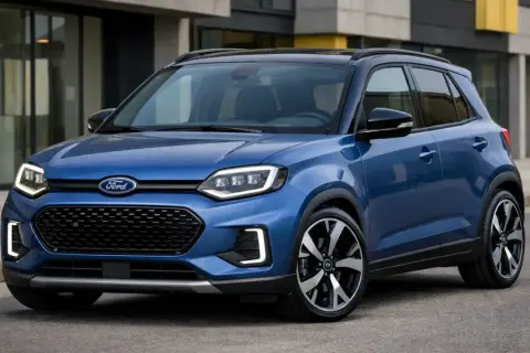 Niebieski Ford z nowoczesnymi światłami LED i czarnym dachem, jeden z nowych ford modele, stoi na ulicy.