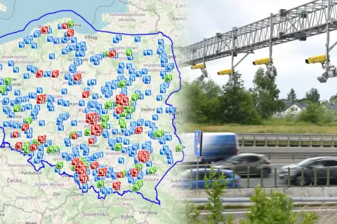 Mapa Polski z zaznaczonymi punktami odcinkowego pomiaru prędkości na A1 i innymi drogami. Kamery nad autostradą monitorują ruch.