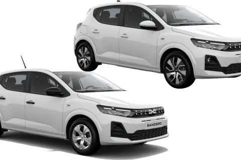 Dwie białe, nowa Dacia Sandero, prezentują nowoczesny design z charakterystycznym grillem i światłami LED.