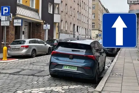 Znak "jednokierunkowa" i zaparkowane auta. Czy można cofać na drodze jednokierunkowej? Znak informuje, że ruch dozwolony jest tylko do przodu.