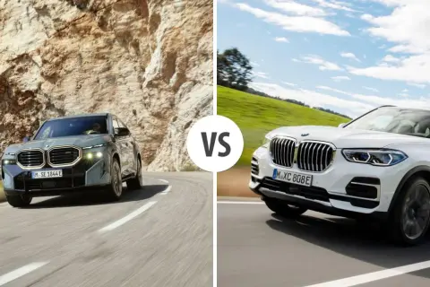Szary BMW XM na skalistej drodze kontra biały BMW X5 na zielonym wzgórzu.