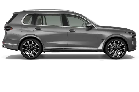 Szary BMW X7 2025 z eleganckimi felgami i chromowanymi detalami, gotowy na każdą podróż.