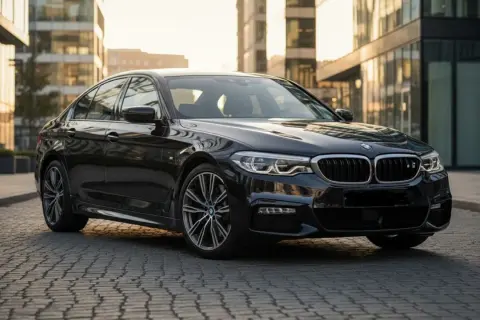 Czarny BMW M5 G30 lśni w słońcu na tle nowoczesnych budynków.