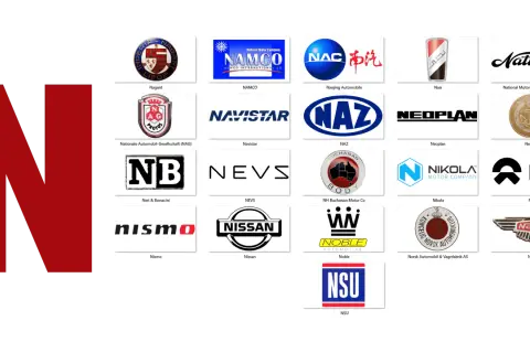 Kolekcja logotypów marek samochodów na literę N: Nagant, NAMCO, Nanjing Automobile, Nasr, National, Neoplan, Neorion, Neri & Bonacini, NEVS, NH Buchanan Motor Co, Nikola, Nismo, Nissan, Noble, Norsk Automobil & Vagnfabrik AS, Nota, NSU, NIO.