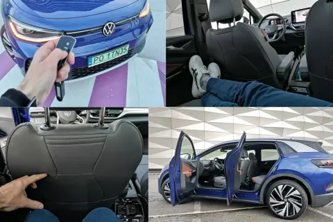 Kluczyk do **Volkswagen ID.4** w dłoni, wnętrze z wygodnymi fotelami i widok na tył samochodu z otwartymi drzwiami.