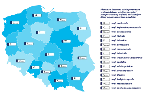 Mapa Polski z zaznaczonymi województwami i literami, które oznaczają lry rejestracja.