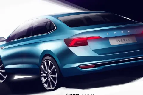 Niebieska Skoda Slavia na szkicu designerskim, widok z tyłu i boku. Elegancka linia nadwozia i nowoczesne światła.