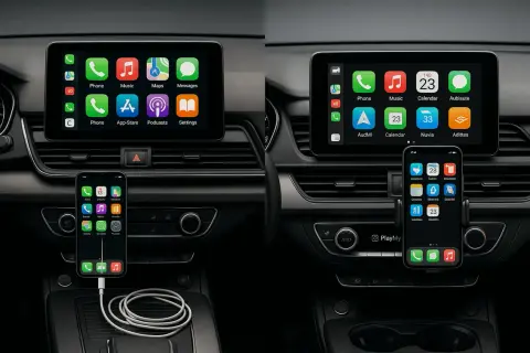 Jak połączyć telefon z samochodem? Widok deski rozdzielczej z ekranem Apple CarPlay i podłączonym iPhonem.