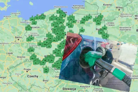 Mapa Polski i okolic z zaznaczonymi stacjami paliw. Gdzie zatankuje CNG? Widoczna jest ikona dystrybutora paliwa.