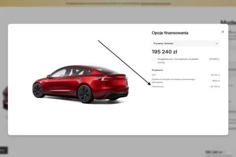 Czerwony Tesla Model 3, cena 195 240 zł. Opcje finansowania obejmują VAT, transport i Tesla Bonus.