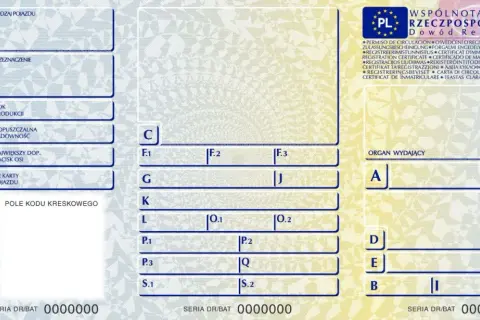 Fragment dowodu rejestracyjnego z polskimi oznaczeniami pojazdu, datą produkcji i dopuszczalną ładownością.