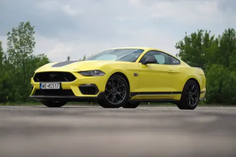 Żółty Ford Mustang Mach 1 z czarnymi pasami na masce i bokach, zaparkowany na tle zieleni.