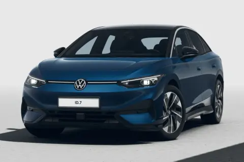Elegancki, ciemnoniebieski VW ID.7 z czarnym dachem prezentuje się nowocześnie.