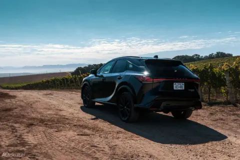 Czarny Lexus RX 400h na drodze wśród winnic, z mglistymi górami w tle.