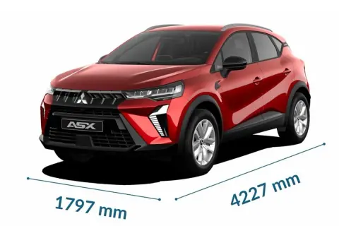 Czerwony Mitsubishi ASX, wymiary 1797 mm szerokości i 4227 mm długości. Wiele osób szuka mitsubishi asx opinie przed zakupem.