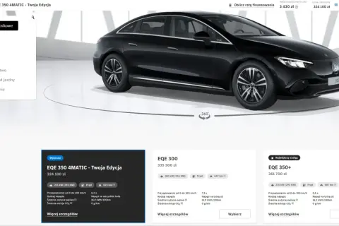 Czarny Mercedes EQE 350 4MATIC, elektryczny sedan z napędem na wszystkie koła, prezentowany w konfiguratorze.