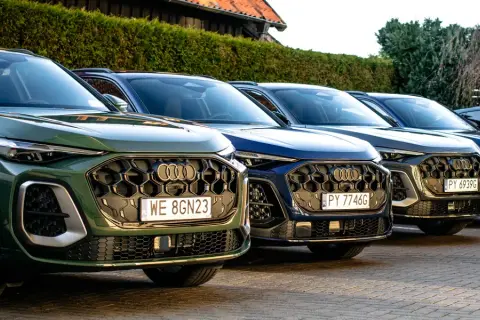 Rząd nowych Audi Q5 w różnych kolorach, od zielonego po ciemne odcienie, zaparkowanych na zewnątrz.