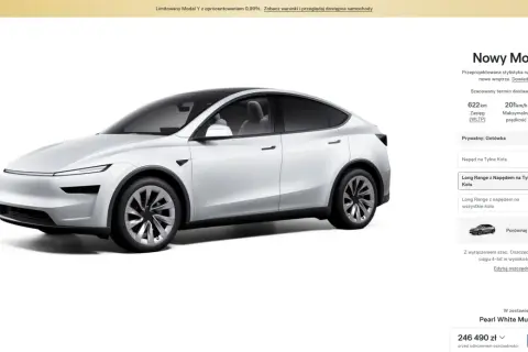 Biały Tesla Model Y, wersja Long Range z napędem na tylne koła, cena 219 990 zł. Dostępne też inne konfiguracje.