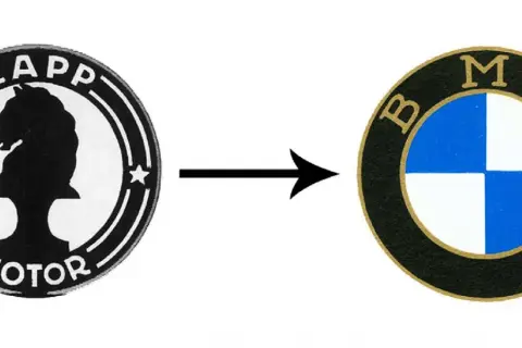 Ewolucja logo: od konia z napisem "RAPP MOTOR" do ikonicznego **bmw logo** z niebiesko-białymi ćwiartkami.