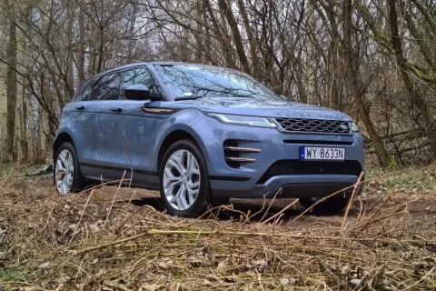 Niebieski Land Rover Evoque wjeżdża w leśną ścieżkę, otoczony suchymi gałęziami i drzewami.