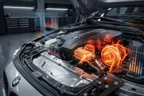 Silnik BMW E50 z wizualizacją danych i ostrzeżeniami.