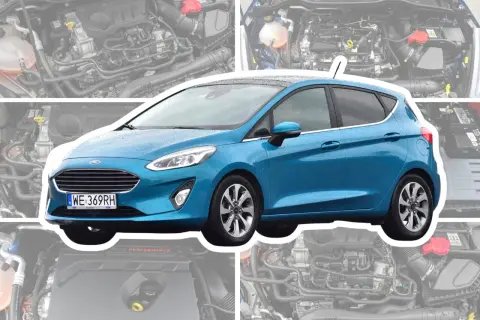 Niebieski Ford Fiesta MK8 z kroplami deszczu na karoserii, na tle zdjęć silnika.