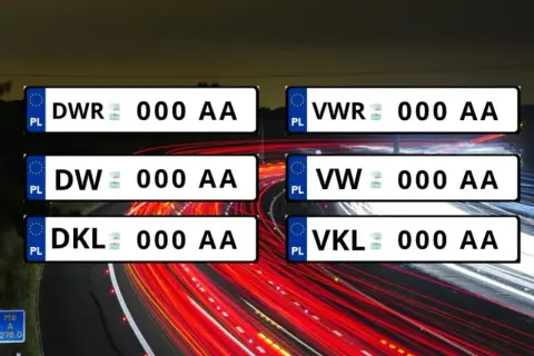 Przykładowe tablice rejestracyjne z literami DW, DWR, DKL, VW, VWR, VKL.